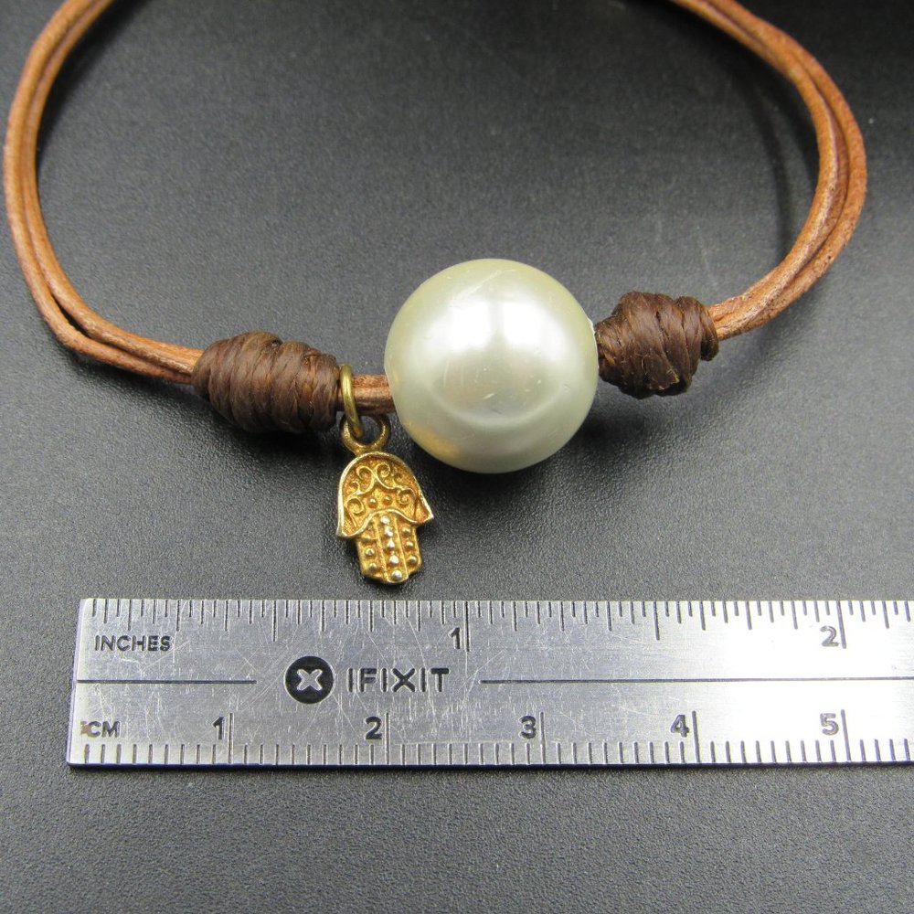 7" Sterling Silver & Leather Large Faux Pearl Bracelet Vintage - Picture 7 of 8
